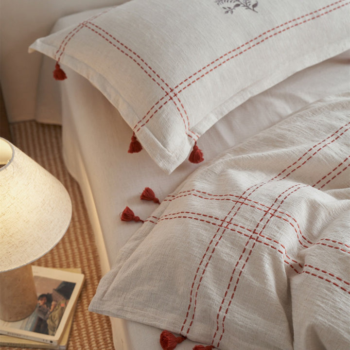 Handgenähte florale gestickte Leinen-Misch-Duvet-Bezug-Satz mit Quasten-Kissenbezügen