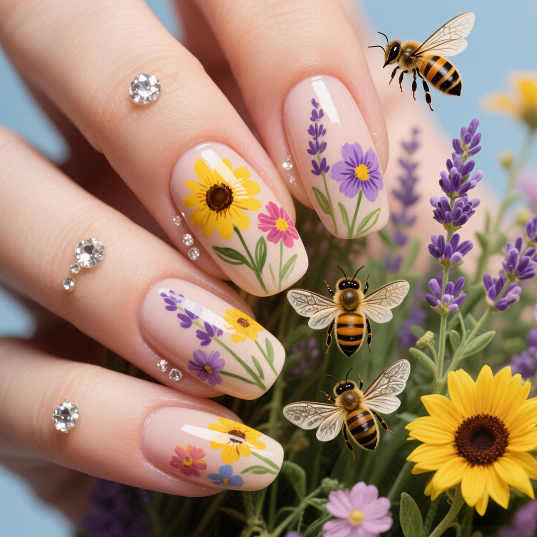 Glitzernde Kunstnägel mit Floralen Motiven Karnz