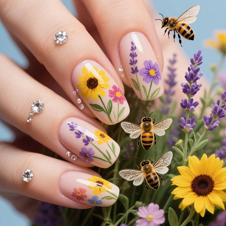 Glitzernde Kunstnägel mit Floralen Motiven Karnz