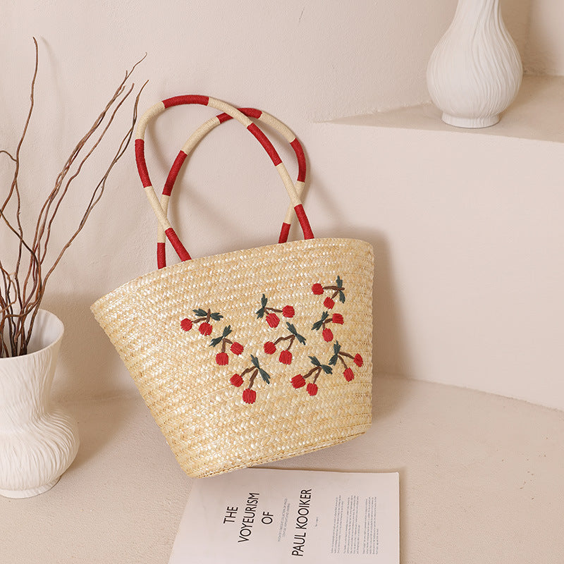Damen Handgefertigte Korbtasche mit floralem Stickdesign Karnz