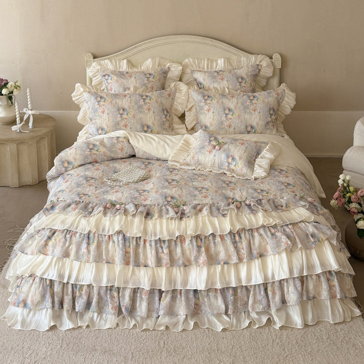 Romantisches Schicht-Rüsche Blüten Bettwäsche Set mit Satin-Trim Kissenbezügen