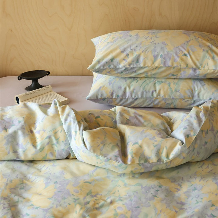 Baumwollsatin Bettwäsche-Set mit feinem Karomuster und floralen Motiven
