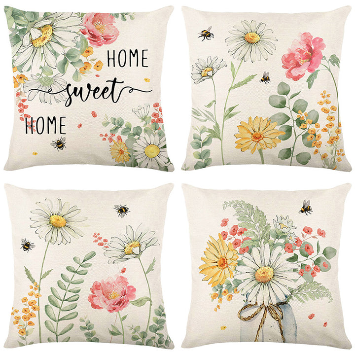 Quadratisches Baumwoll-Leinen-Wurfkissenbezug mit Aquarell-Gänseblümchen Bienenillustration & 'Home Sweet Home' Schriftzug