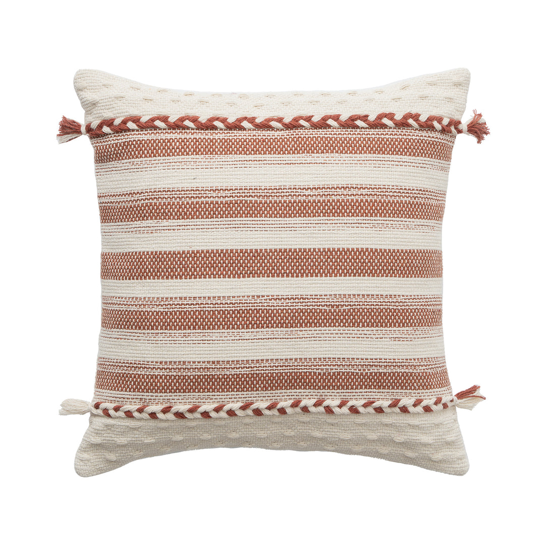 Rechteckiges Boho-Lumbar-Kissen mit geflochtenen Bändern und Quasten