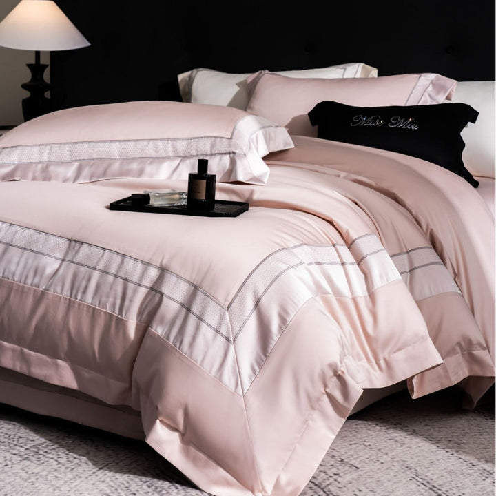 Ultra-weiches Satin-Jacquard-Bettbezug-Set mit bestickten Oxford-Kissenbezügen