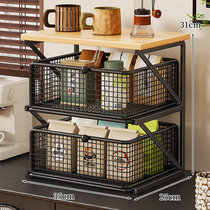 Küchenarbeitsplatte Kaffee Station Organizer mit Holzoberfläche und Metalldrahtkorb