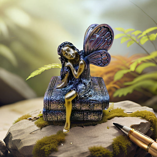 Feenfigurine, die auf Büchern sitzt, Karnz