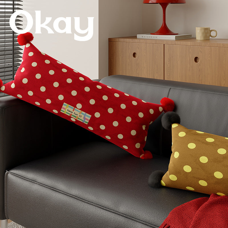 Decorative Polka Dot Lumbar Pillow with Corner Pom-Poms