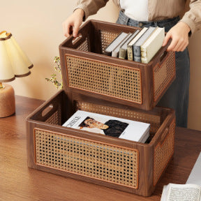 Rattan-Accent Massivholz Schreibtisch Aufbewahrungstablett mit Griffen