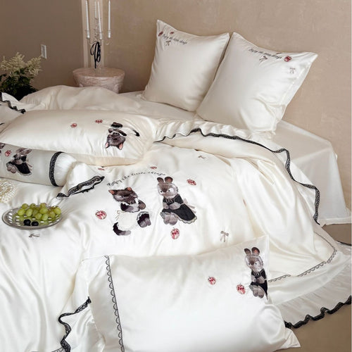 Besticktes Satin-Bettwäscheset mit Volant, Rüschensaum und Tiermotiv