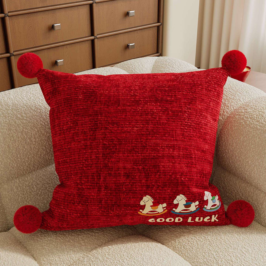 Decorative Plush Checkered Throw Pillow Cover with Corner Pom-Poms and Good Luck Rocking Horse Motif