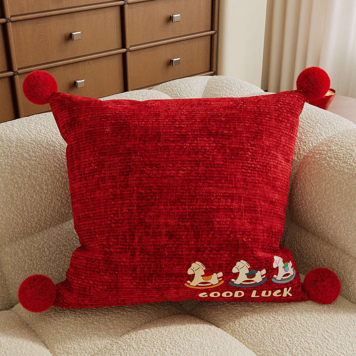 Decorative Plush Checkered Throw Pillow Cover with Corner Pom-Poms and Good Luck Rocking Horse Motif