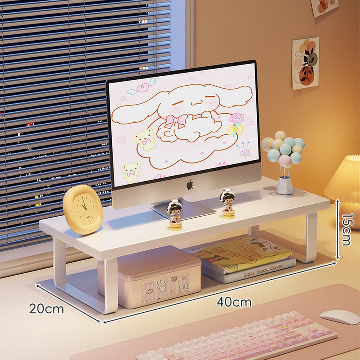 Kompakte Holz-Desktop-Monitorerhöhung mit Metallbeinen und unterer Ablagefläche