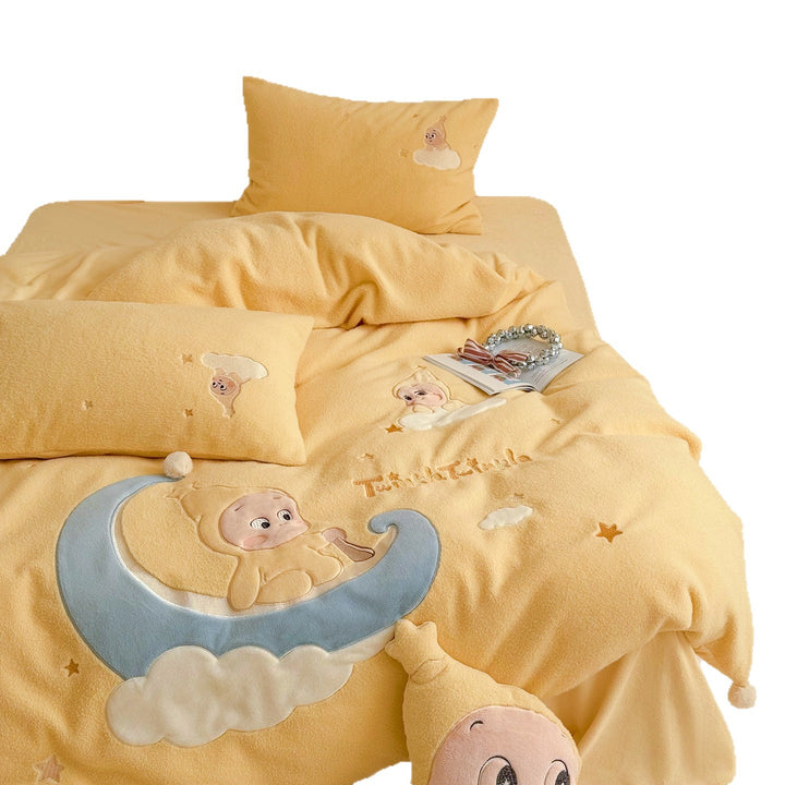Kinder-Bettwäsche-Set aus weichem Fleece mit bestickten Mond- und Kuschelapplikationen