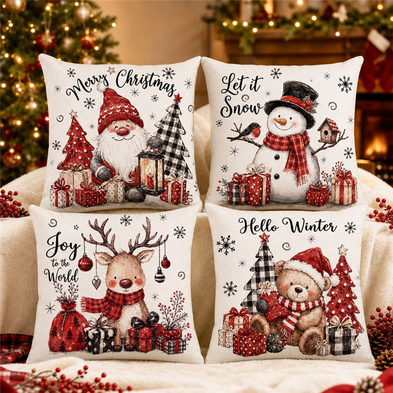 Festlicher Schneemann Aquarelldruck Leinen-Textur Quadratisches Kissenbezug mit verstecktem Reißverschluss