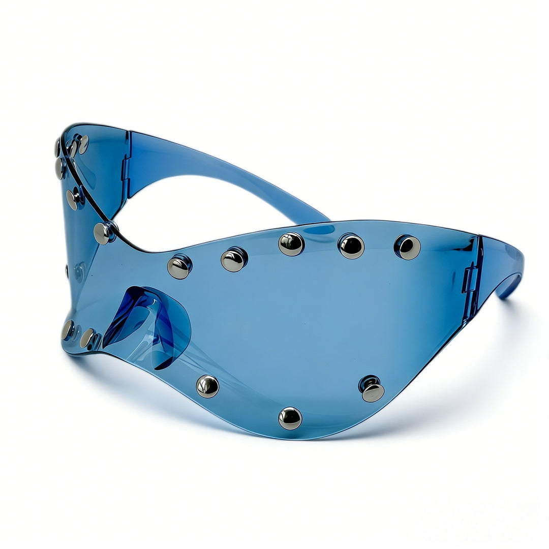 Damen futuristische Designer-Sonnenbrille mit dekorativen Metallelementen Karnz