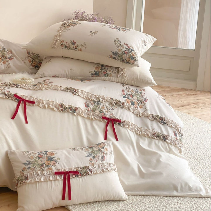 Floral Ruffled Bettbezug Set mit dekorativem Band