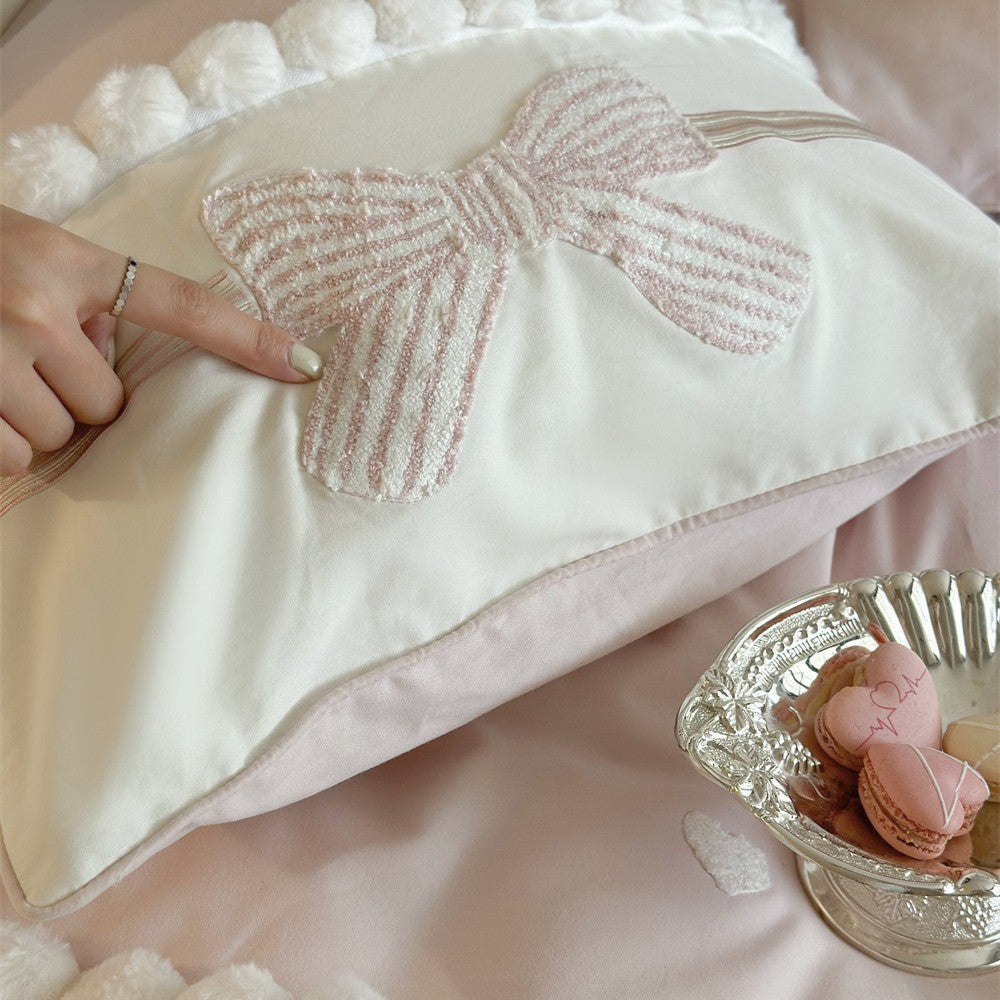Bestickte Schleife und Pom-Pom Besatz Luxus Bettbezug Set