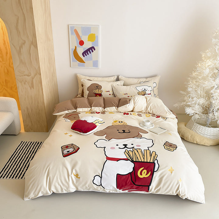 Kuscheliges Bettwäscheset mit niedlichen Cartoon-Hunden und Pommes-Design