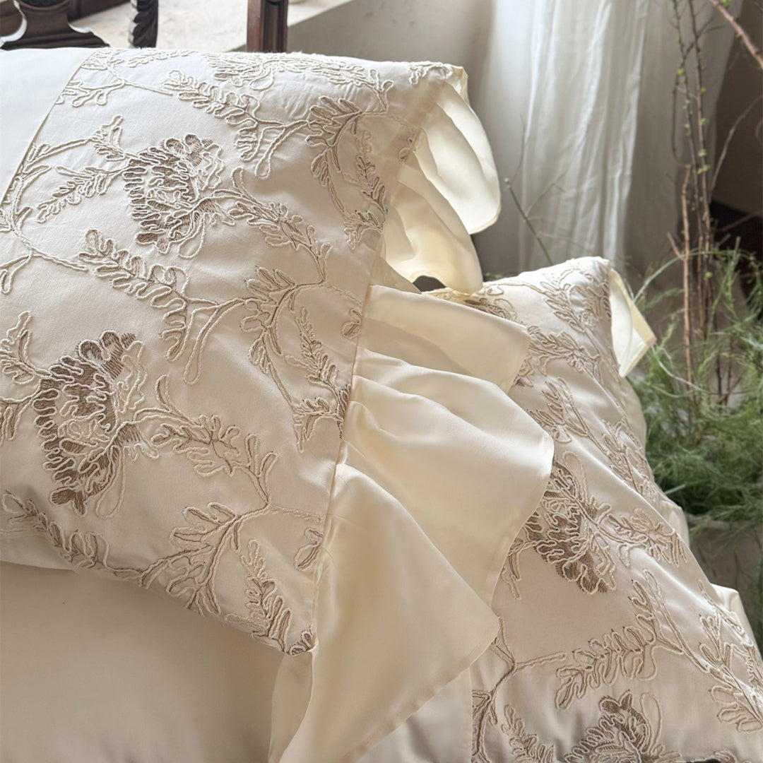Luxus Gestickte Florale Baumwollsatin Bettbezug Set mit Wellensaum & Wendbarem Satin Rücken