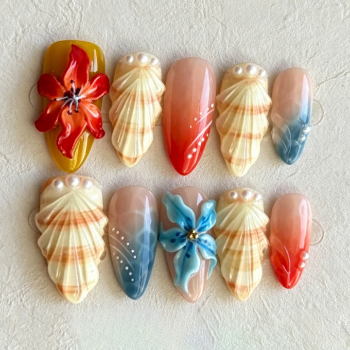 Künstlerisches von Muscheln inspiriertes Press-On Nagelkunst Set Karnz
