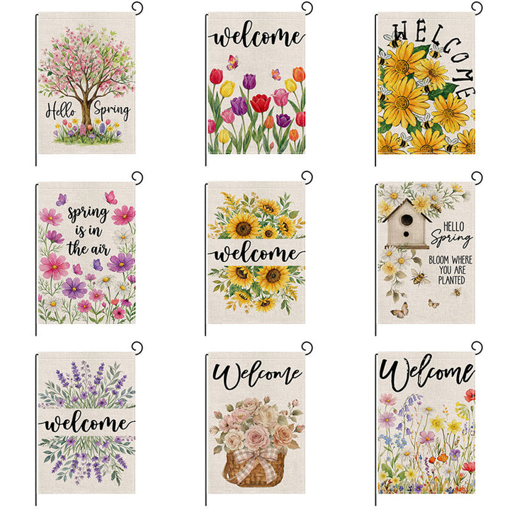 Dekorative Jute-Textur Willkommen Gartenflagge mit Blumenkorb-Illustration