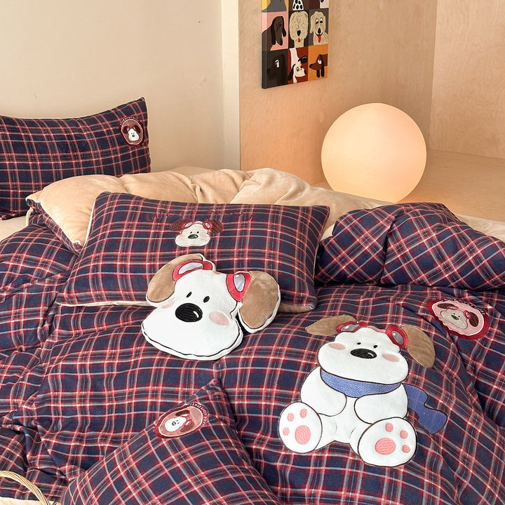 Kariertes Baumwollsatin-Bettwäsche-Set mit gestickter Katzen-Applikation und Wendefunktion