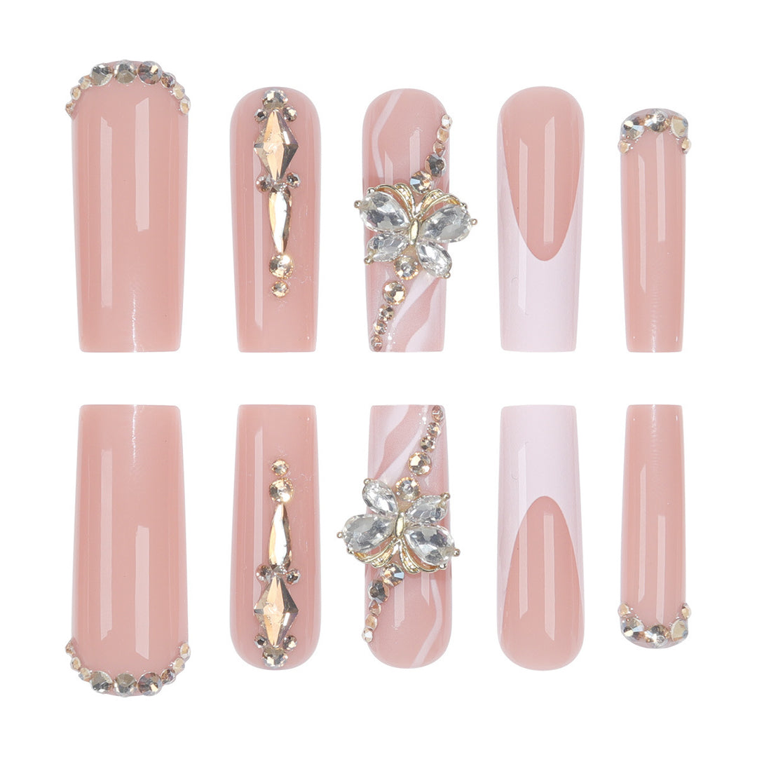 Elegante Lange Press-On Nagelset mit Dekorativen Edelsteinen und Blumenakzenten Karnz