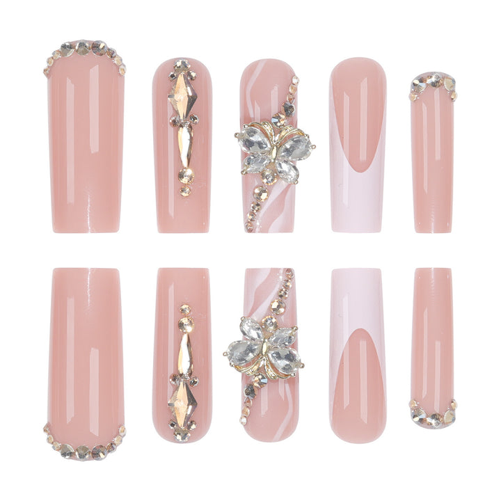 Elegante Lange Press-On Nagelset mit Dekorativen Edelsteinen und Blumenakzenten Karnz