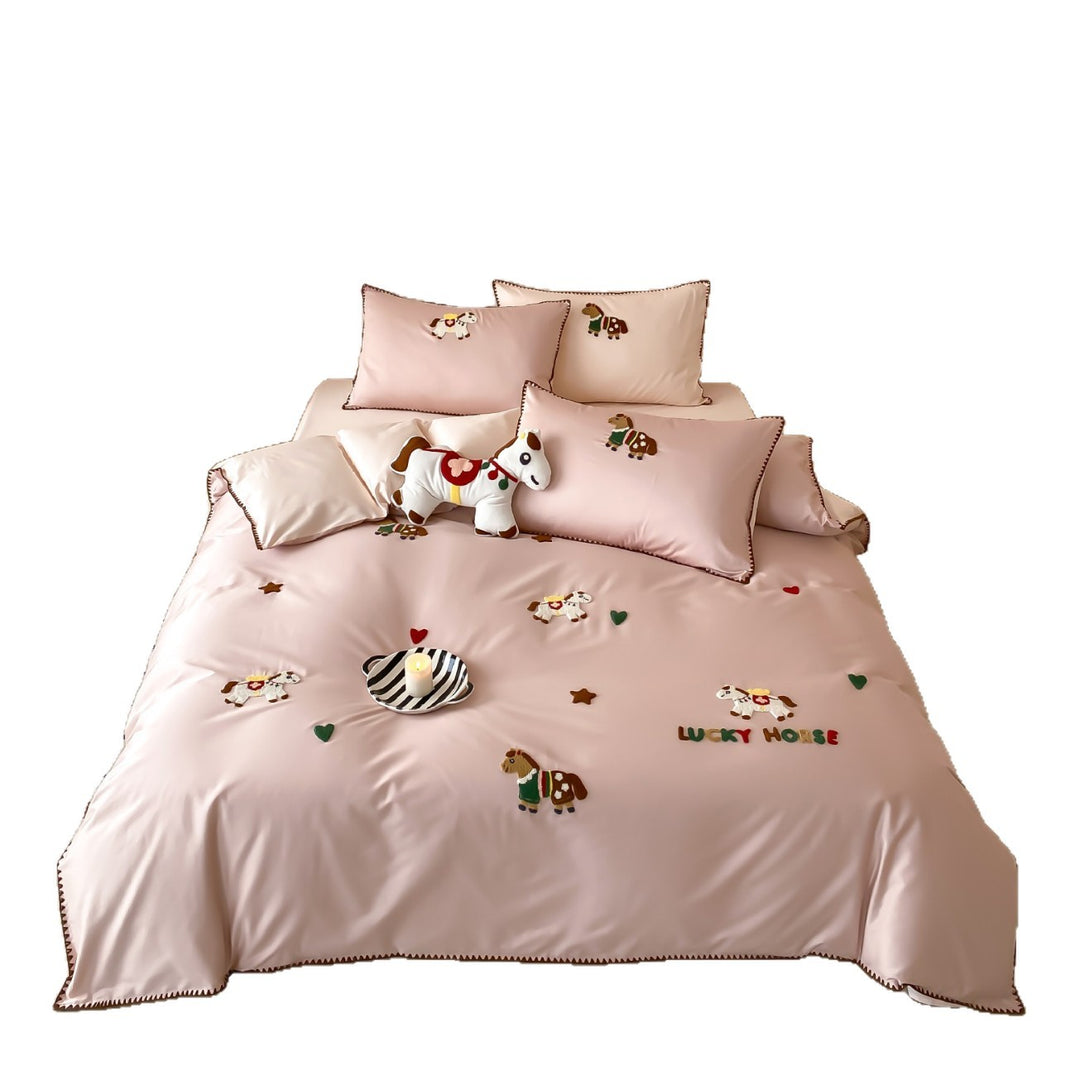 Besticktes Katzenapplikations-Satin-Feeling Bettbezug-Set mit Kontrastpipings und Kissenbezügen