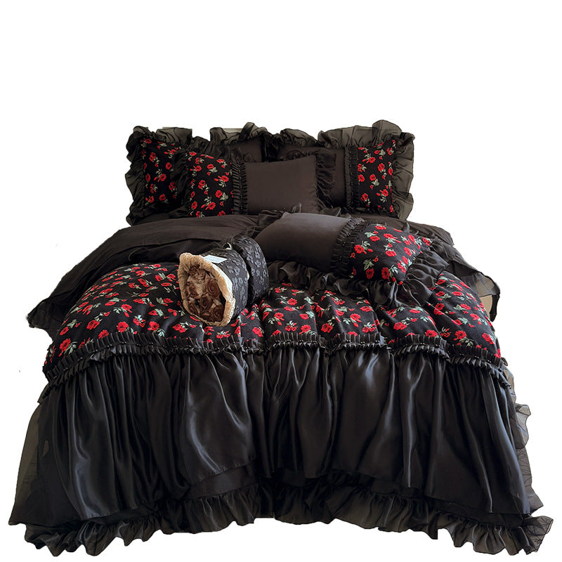 Luxuriös Romantisch Rüsch Floral Satin Bettwäsche Set