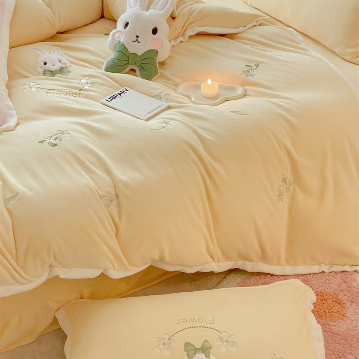 Bestickte Blumen Kaninchen Bettbezug & Kissenbezug Bettwäsche Set