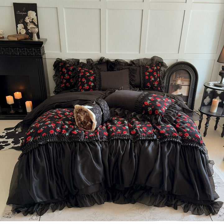 Luxuriös Romantisch Rüsch Floral Satin Bettwäsche Set