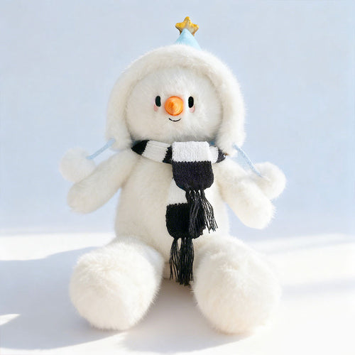 Plüsch Schneemann Sitzendes Kuscheltier mit Gestreiftem Gestricktem Schal & Kunstfell-Fliegermütze Karnz