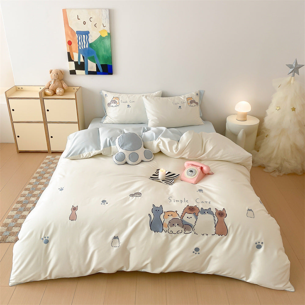 Verspieltes Kinder- und Jugendbettwäsche-Set mit Cartoon-Katzen, Mikrofaser, Wendefunktion und Pfotenmotiv