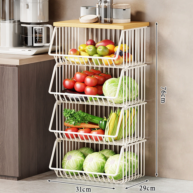 Multi-Ebenen Rollen Kücheneinkaufswagen für Obst und Gemüse mit Holzoberfläche