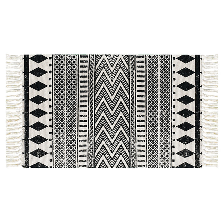 Flachgewebter Baumwollläufer mit mediterranem Kachel‑Jacquard und dekorativen Fransen Karnz