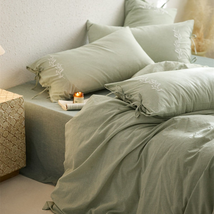 Baumwoll‑Musselin Bettwäscheset mit Bindebändern, soften Musselin‑Struktur und atmungsaktiver Leinenoptik