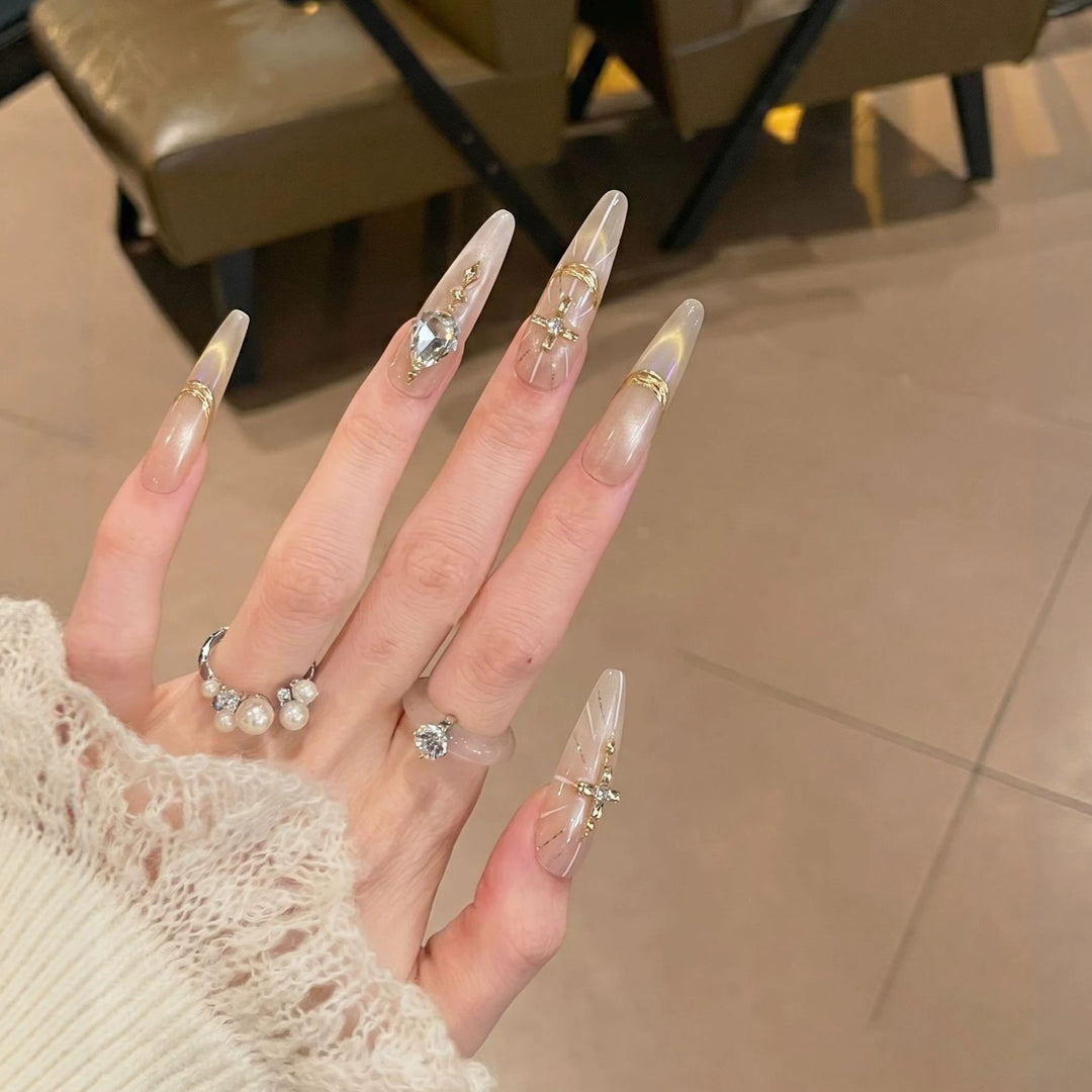 Premium Stiletto Press-On Nagelkunst Set mit Edelsteinakzenten Karnz
