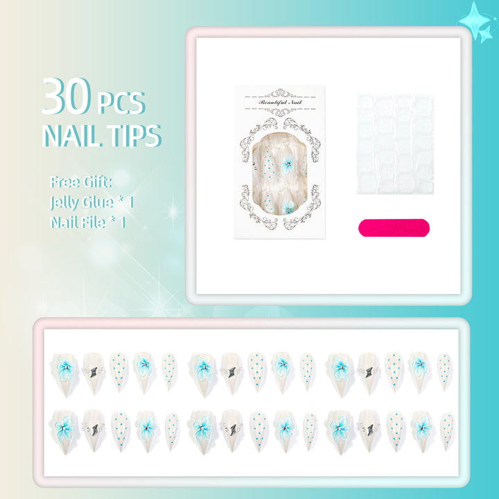 Dekorativer Press-On Nagelset mit floralen und Edelstein-Designs