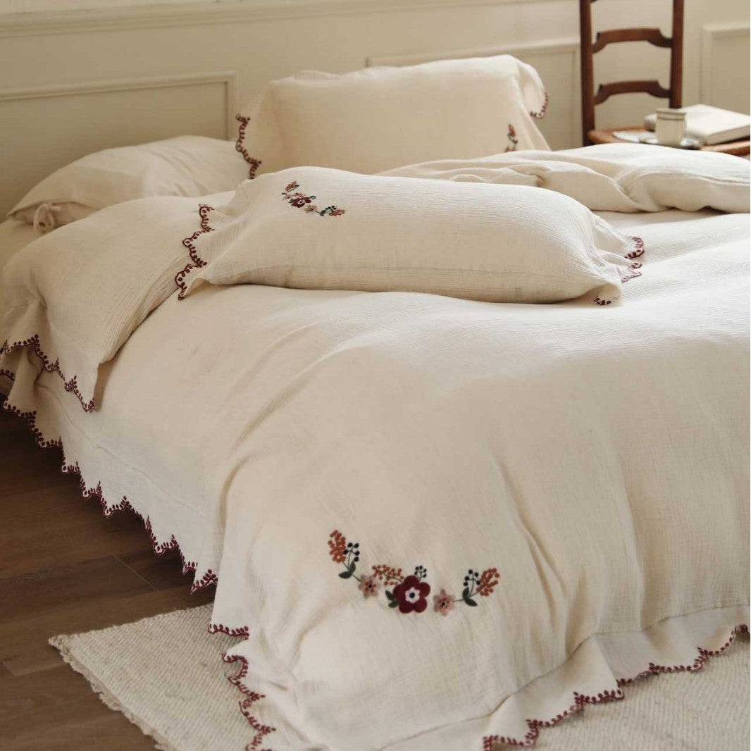 Bestickte florale gewellte Leinen Bettbezug Set