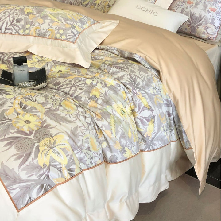 Luxuriöse Baumwollsatin-Bettwäschegarnitur mit floralem Print, Volant-Bettrock und Kissenbezügen