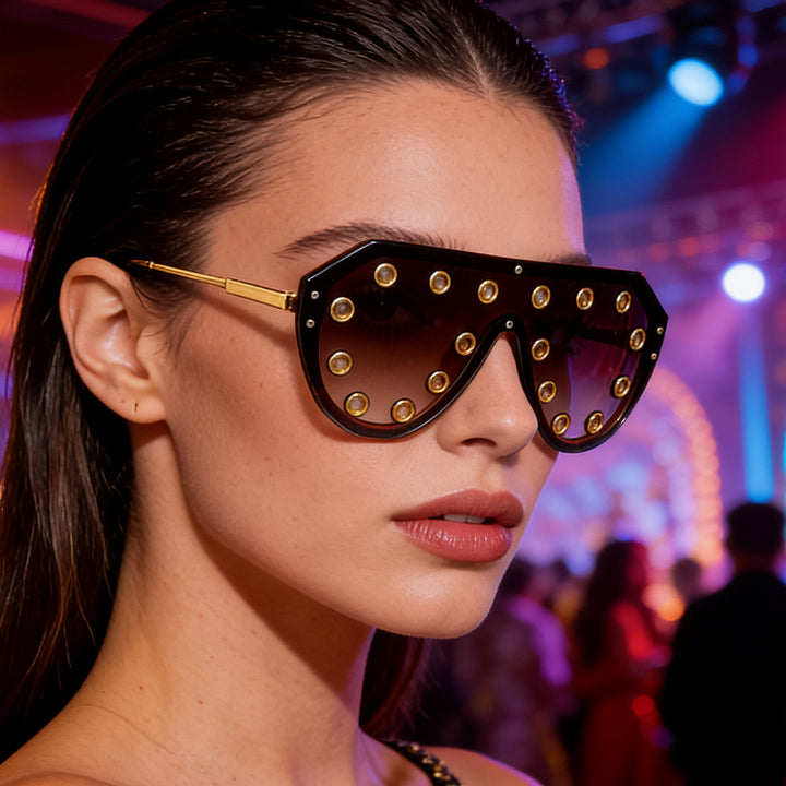 Damen Statement-Sonnenbrille im futuristischen Design mit dekorativen Elementen Karnz