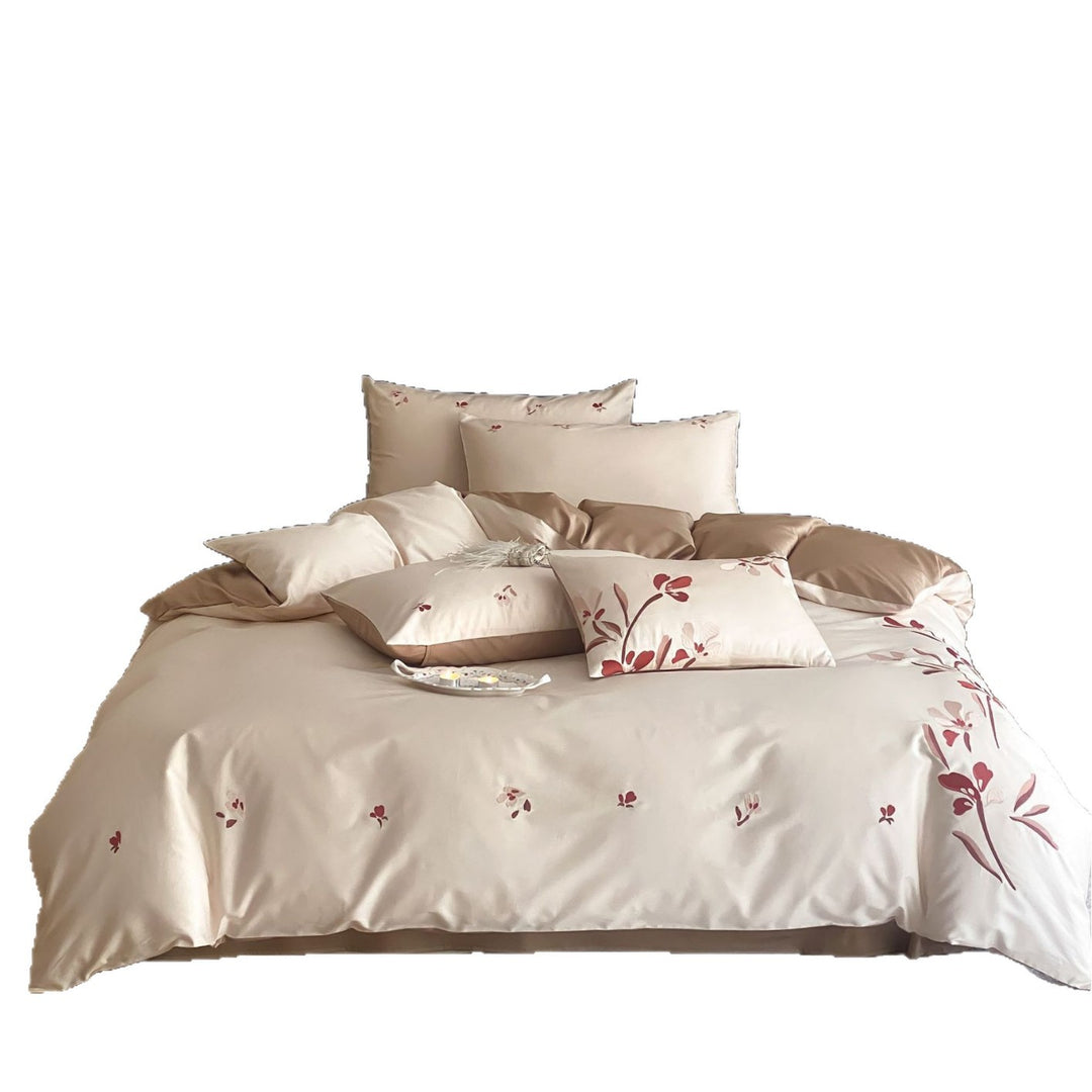 Floral Satin-Feel Wendebettbezug Set mit bestickten botanischen Akzenten und Oxford Kissenbezügen