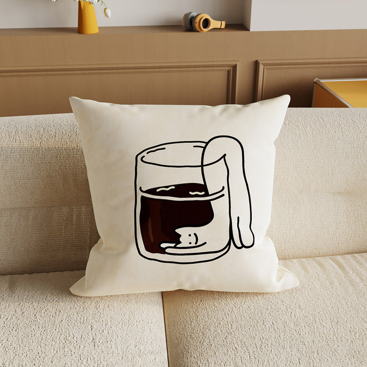 Square Decorative Pillow Cover with Cute Cat Stirring Coffee Illustration Soft Plush Removable Cushion Cover Hidden Zipper