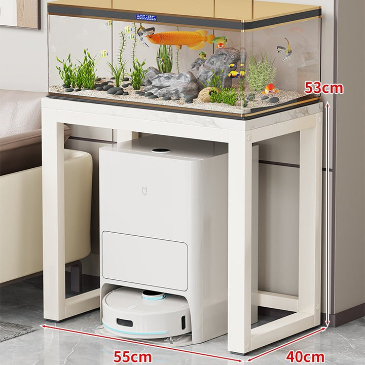 Gold-Metall-Aquarium-Konsole mit Kunstmarmorplatte und Robotersauger-Aufbewahrung