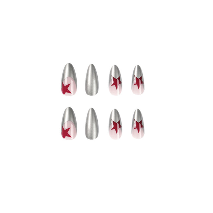 Kunstvolle Stiletto-Nägel mit Silber- und Sternenmotiven Karnz