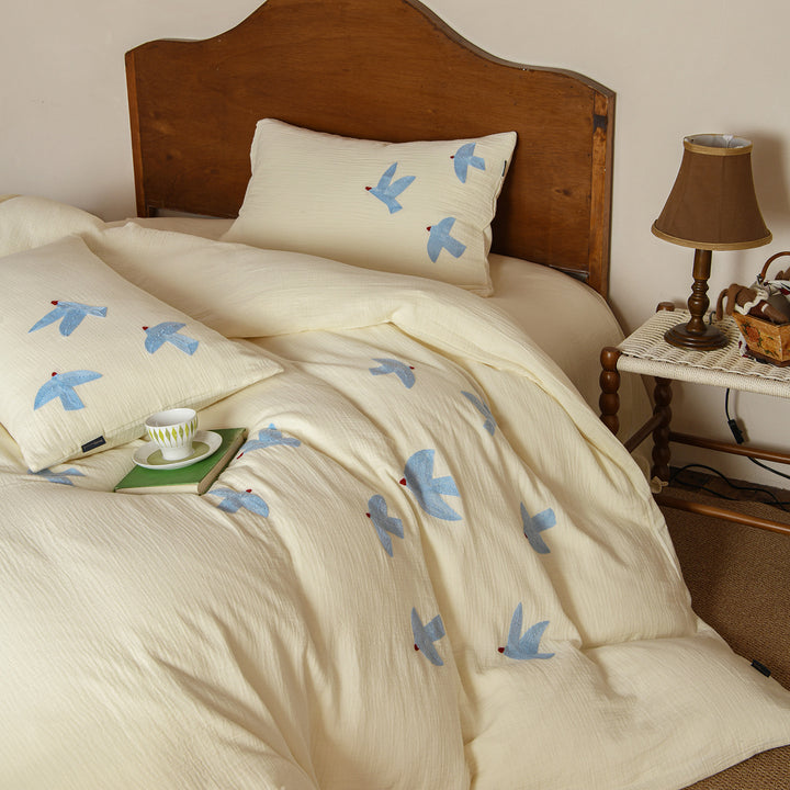 Gewaschenes Baumwoll-Musselin besticktes Vogel Bettbezug-Set
