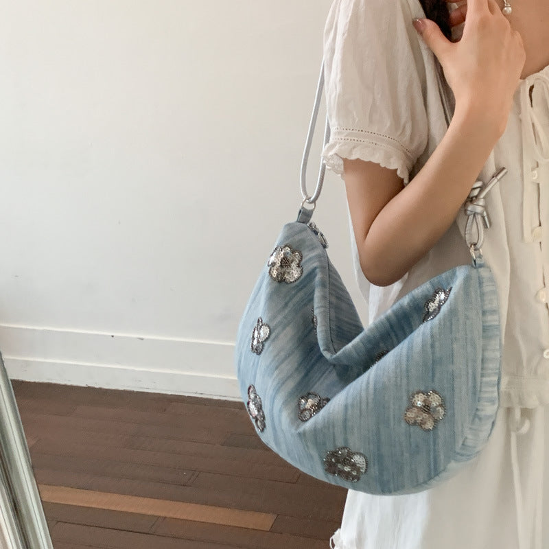 Florale Verzierungen Denim Handtasche Karnz