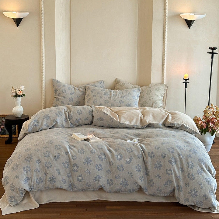 Leichte Baumwoll-Musselin Bettwäsche-Garnitur mit Vintage-Blumenmuster und Wendeoptik